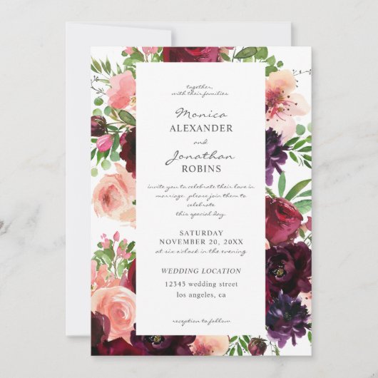 Invitation Mariage Floral Bourgogne & Blush (Devant)