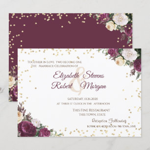 Invitation Mariage Floral Bourgogne Diamants Or