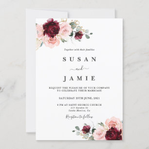 Invitation mariage floral Bourgogne et aquarelle rousse