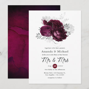 Invitation Mariage Floral Bourgogne et Argent