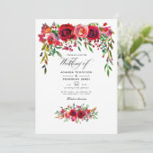 Invitation Mariage floral Bourgogne et bleu (Debout devant)