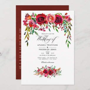 Invitation Mariage floral Bourgogne et bleu