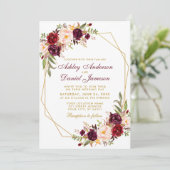 Invitation Mariage Floral Bourgogne géométrique Gold Frame (Debout devant)