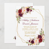 Invitation Mariage Floral Bourgogne géométrique Gold Frame (Devant / Derrière)
