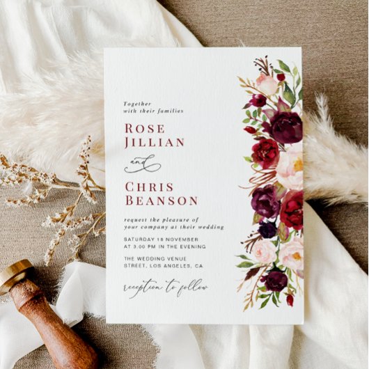 Invitation Mariage Floral Bourgogne Moderne Et Brut