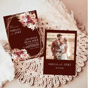 Invitation Mariage Floral Bourgogne Moderne Or Géométrique