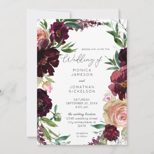 Invitation Mariage Floral Bourgogne & Rose Pâle (Devant)