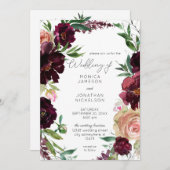 Invitation Mariage Floral Bourgogne & Rose Pâle (Devant / Derrière)