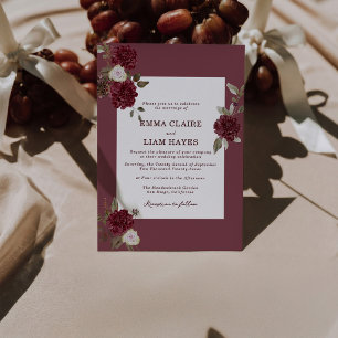 Invitation Mariage Floral Bourgogne Vin Profond Vieille Fortu