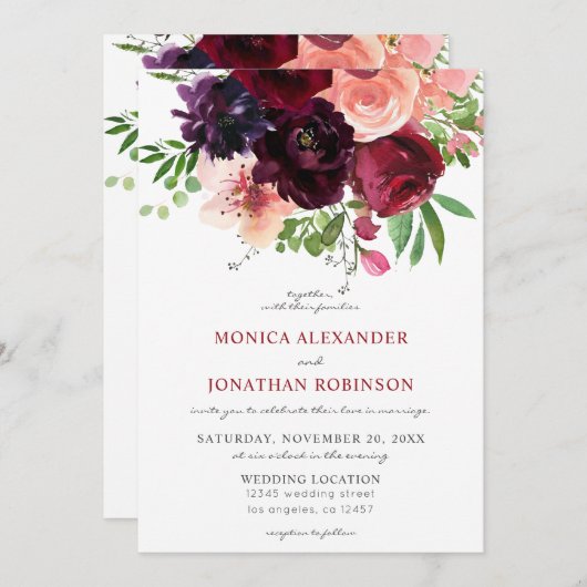 Invitation Mariage Floral Bourguignon & Blush 2 V2 (Devant / Derrière)