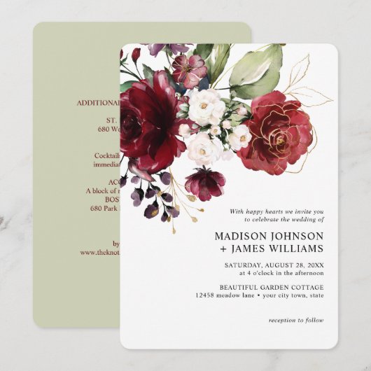 Invitation Mariage Floral Bourguignon Doré avec Détails (Devant / Derrière)