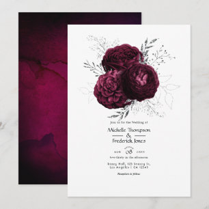 Invitation Mariage floral bourguignon et argenté