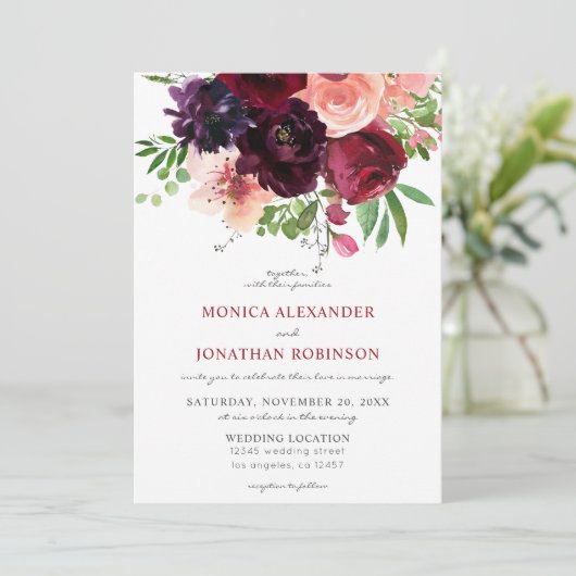 Invitation Mariage Floral Bourguignon et Rose V2 (Debout devant)