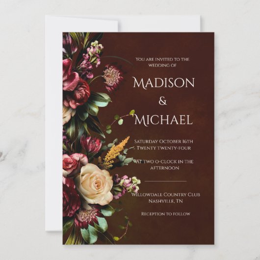 Invitation Mariage floral bourguignon et vert (Devant)
