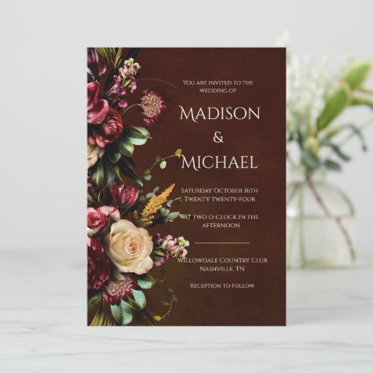 Invitation Mariage floral bourguignon et vert (Debout devant)