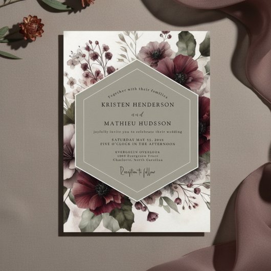 Invitation Mariage Floral Bourguignon Éthéré