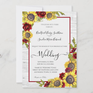 Invitation Mariage Floral Bourguignon Jaune Tournesol Rustiqu
