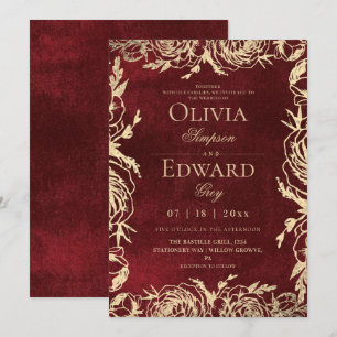 Invitation Mariage Floral Bourguignon Or Chic Divine 