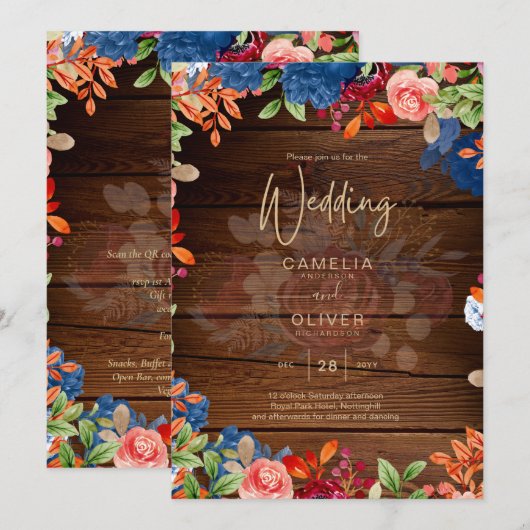 Invitation Mariage Floral Bourguignon Rustique (Devant / Derrière)