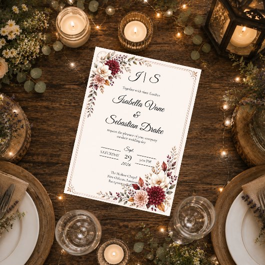 Invitation Mariage Floral Bourguignon Rustique