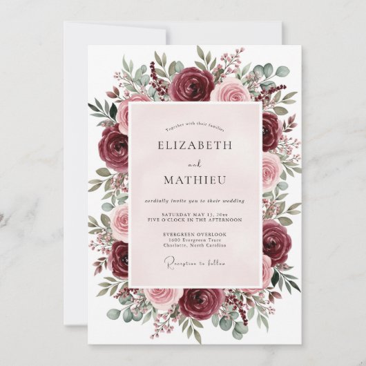 Invitation Mariage Floral Bourguignon Séduisant (Devant)