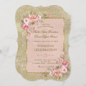 Invitation Mariage floral brillant Parties scintillant or (Devant / Derrière)