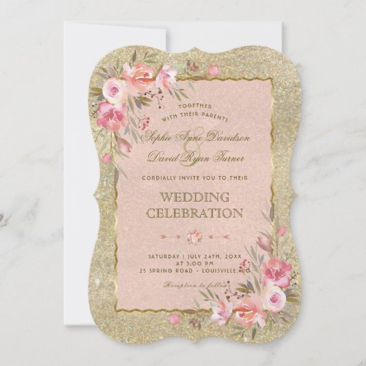 Invitation Mariage floral brillant Parties scintillant or (Devant)