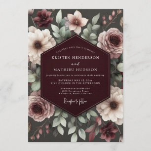Invitation Mariage Floral Brocart Bourgogne