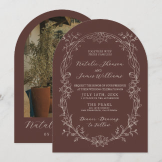 Invitation Mariage Floral Brun au Style Ancien Argenté en Arc
