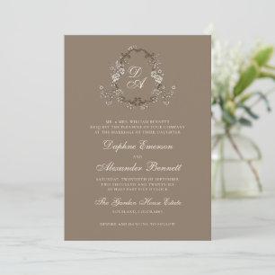 Invitation Mariage Floral Brun Vintage avec Monogramme