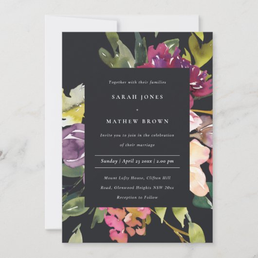 INVITATION MARIAGE FLORAL BURGUNDY JAUNE NOIR (Devant)