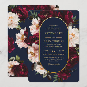 Invitation Mariage Floral Burgundy Rouge Foncé Bleu Marine