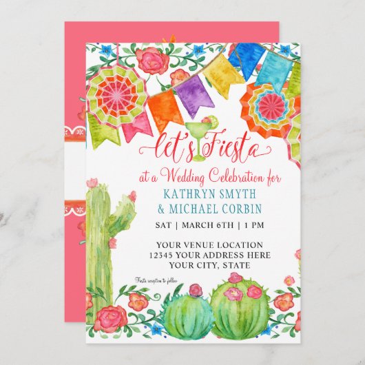 Invitation Mariage Floral Cactus coloré Fiesta Margarita (Devant / Derrière)