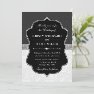 Invitation Mariage Floral Cadre Noir Blanc Élégant