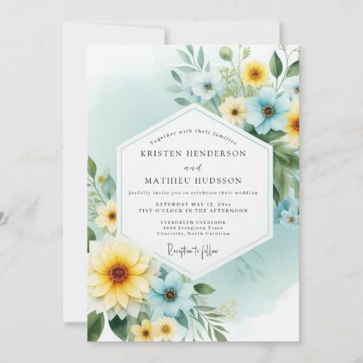 Invitation Mariage Floral Canari Teal Painterly (Devant)