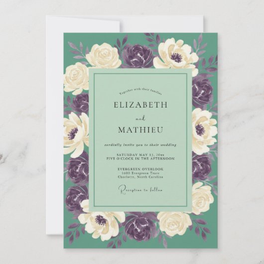 Invitation Mariage Floral Captivant Vert Sauge (Devant)
