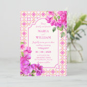 Invitation Mariage floral carrelage rose (Debout devant)