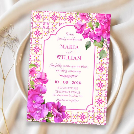 Invitation Mariage floral carrelage rose