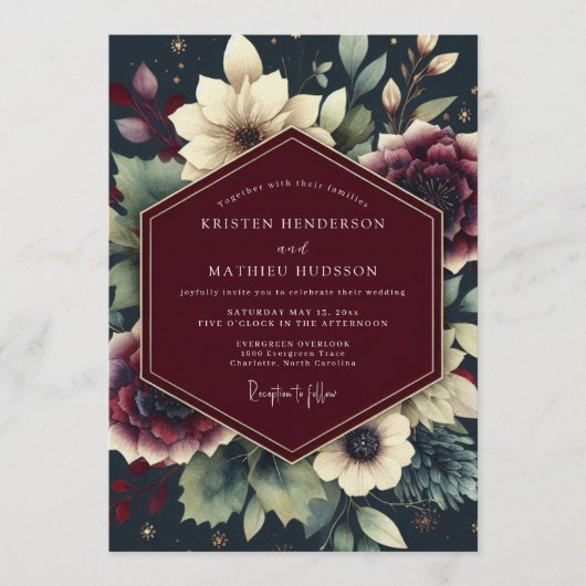 Invitation Mariage Floral Céleste Bourguignon (Devant)
