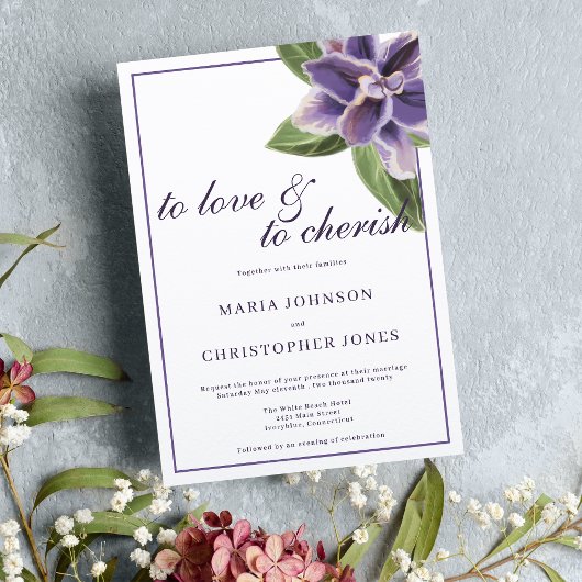 Invitation Mariage floral chic blanc lavande violette orchidé