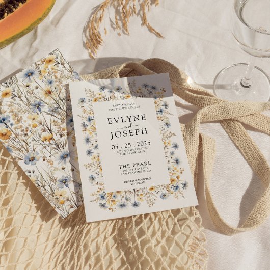 Invitation Mariage floral chic et jaune moderne et bleu Boho