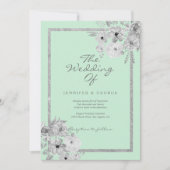 Invitation Mariage floral chic néo menthe blanc paillettes ar (Devant)