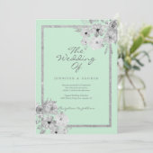 Invitation Mariage floral chic néo menthe blanc paillettes ar (Debout devant)