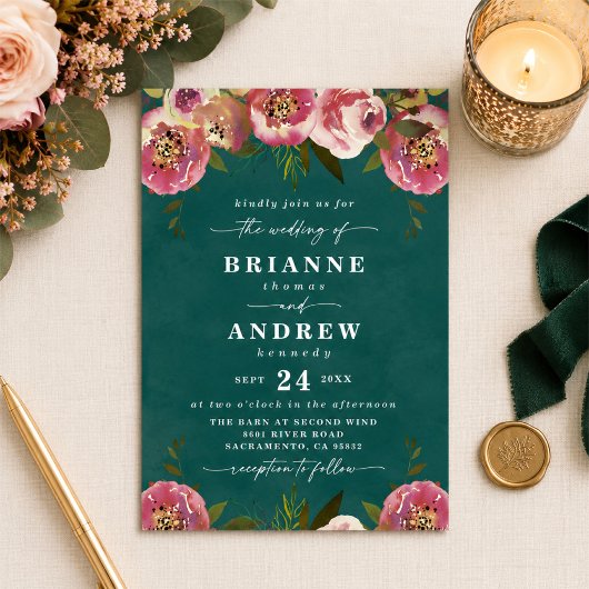 Invitation Mariage Floral Chic Profond Vert de Teal