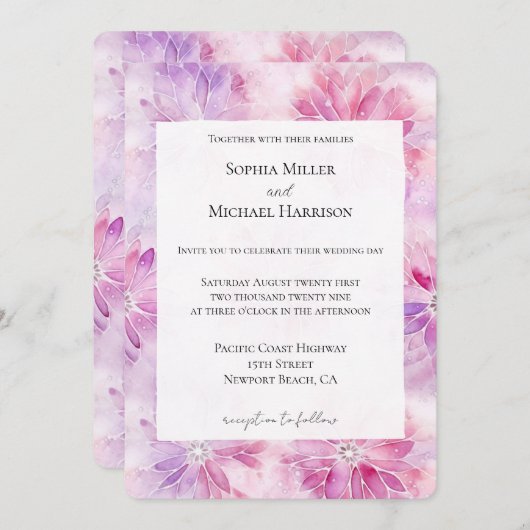 Invitation Mariage floral chic rose lavande (Devant / Derrière)