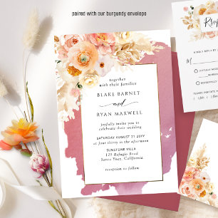 Invitation Mariage floral chic rose pâle et bordeaux
