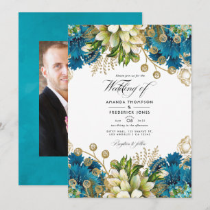 Invitation Mariage Floral Chic Turquoise et Or Vintage