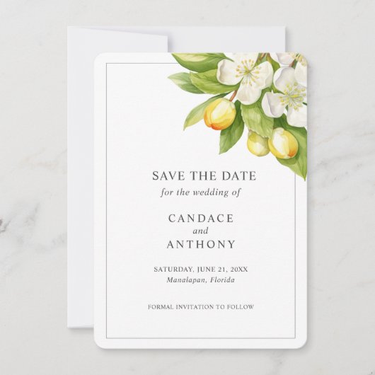 Invitation Mariage floral Citrus Enregistrer la date (Devant)