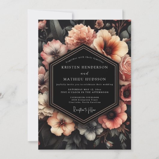 Invitation Mariage Floral Clair-obscur Rose (Devant)