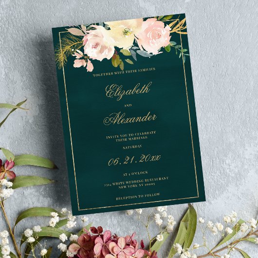 Invitation Mariage floral classique corail rose vert foncé